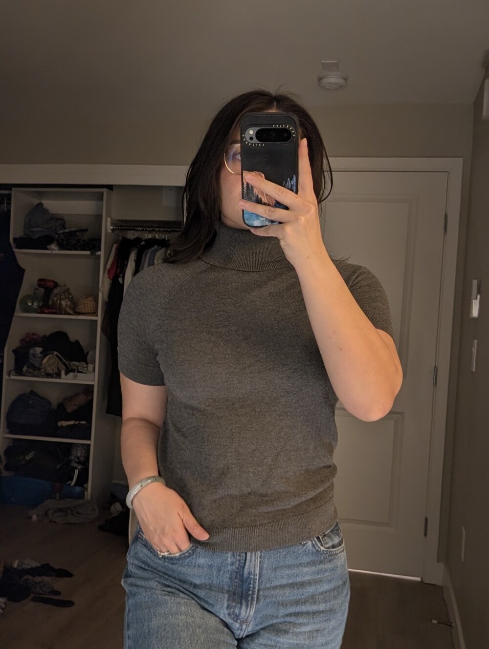 Philosophy Short Sleeve Mock Neck Top in Heather Charcoal